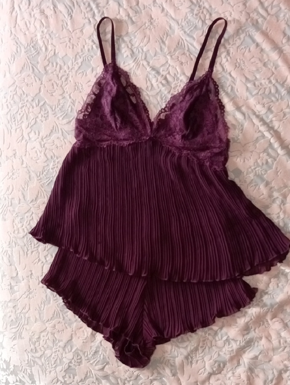 Lace-Trim Satin Pleated Cami & Short Sleep Set - Deep Plum